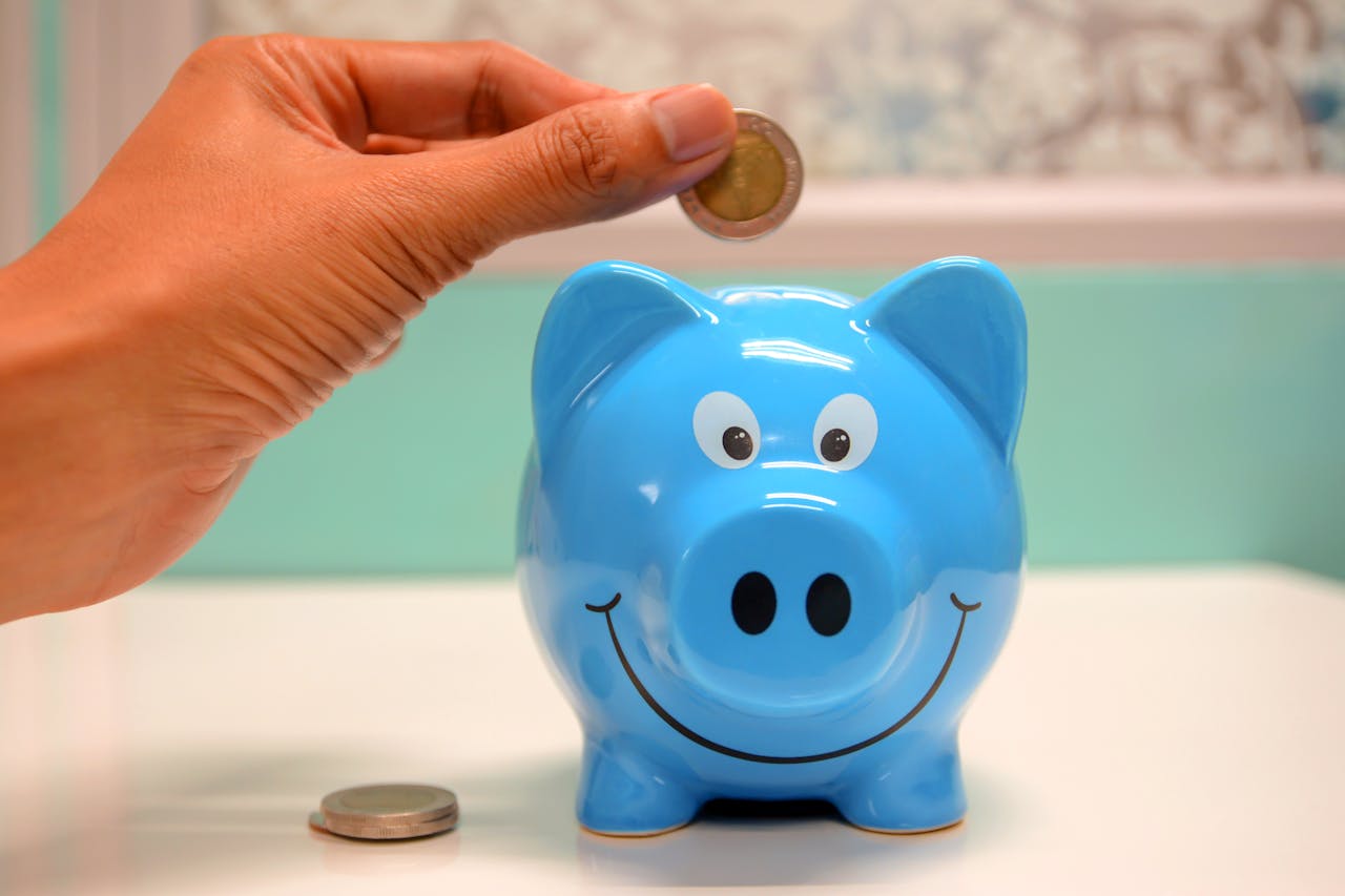coin being put in blue piggy bank