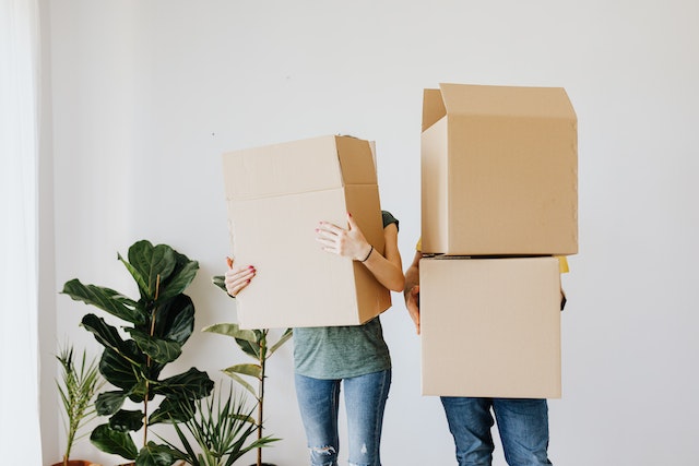 two people holding boxes that cover their upper bodies and faces